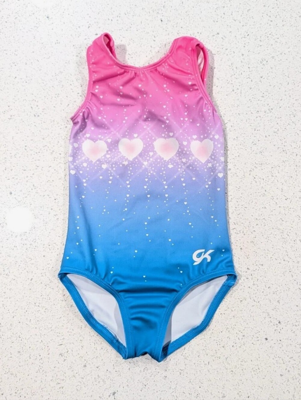 GK ELITE Gymnastics Dance Leotard CXS Extra Small GLITTERING HEARTS Ombre Pink